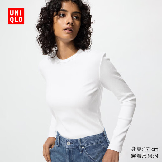 Uniqlo Women's Soft Ribbed Round Neck T-Shirt/Long Sleeve 483468 00 White S