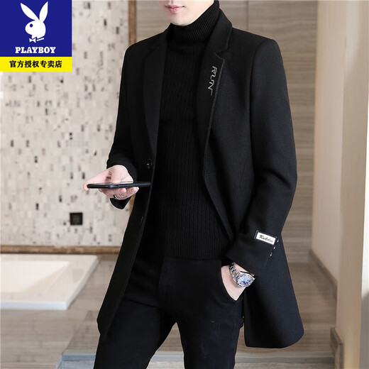 Playboy Autumn and Winter Men's Windbreaker Mid-Length Korean Slim Wool Woolen Coat Handsome and High-end Long Woolen Coat F20 Gray Cotton Thickened XL (115-130Jin Jin is equal to 0.5kg)
