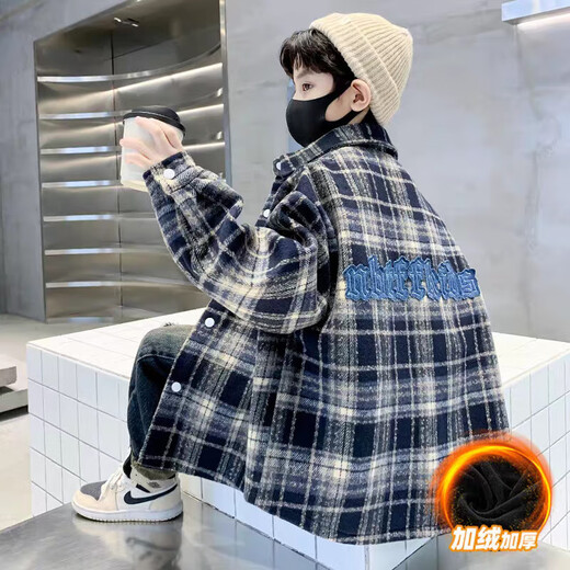 Boys' coat all-in-one velvet 2025 new children's outer shirt autumn and winter fashion woolen plaid top for big children TZ-3124 plaid hooded jacket - red 140 cm suitable for height 130-140cm