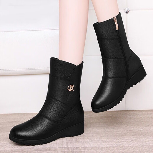 Off-code clearance red green mid-calf boots for women, winter wedge heel plus velvet cotton shoes, middle-aged and elderly mother's boots, inner height increasing women's boots, black plus velvet, heel height 5 cm 38 (240mm)