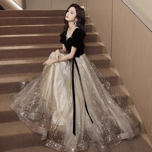 Evening dress for women 2025 new annual meeting high-end black dress light luxury niche high-end sense student art exam adult black evening dress L