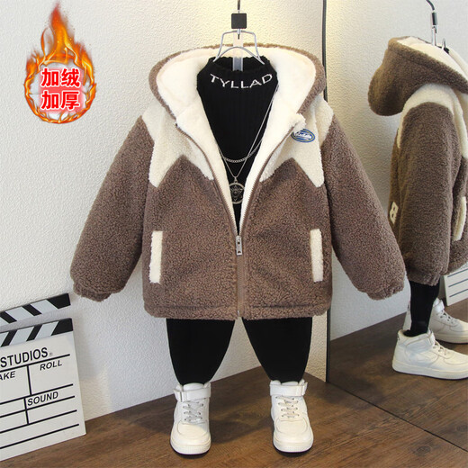 小红书爆款男童外套秋冬款棉服2羊羔绒3毛毛衣4帅气5岁宝宝加绒加 锯齿加绒毛毛衣咖啡色 cm 90