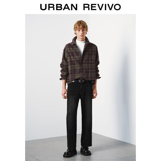 UR star same style 2026 spring new men's trendy velvet plaid cardigan shirt UUV250027 dark brown green plaid S