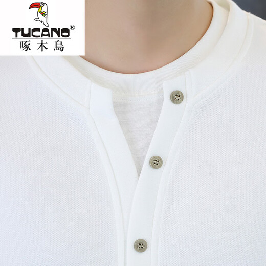 Woodpecker fake two-piece sweatshirt autumn men's Henry collar bottoming shirt 2025 spring and autumn new trendy brand loose long-sleeved T-shirt white M