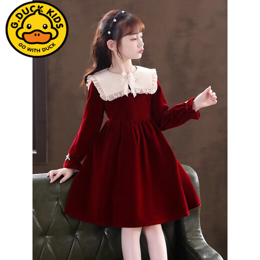 G.duck girls princess dress autumn and winter new velvet dress children's red dress host piano performance clothes spring and autumn CLS-H05 burgundy follow + headband 120 recommended height 110-120cm (5-6 years old)