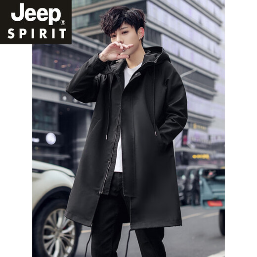 JEEP SPIRIT2025春秋男士风衣中长款外套薄款秋冬夹棉加厚黑色大码宽松大衣 黑色春秋款 常规 M 宽松偏大100~130斤