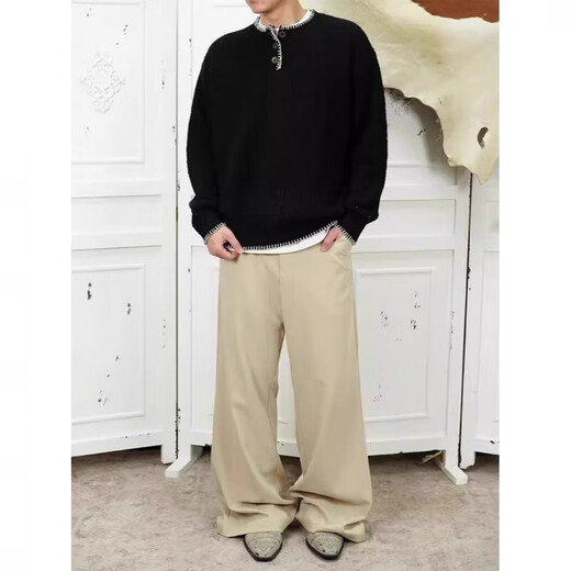 Zhi Sheng Ji Henley collar sweater men's autumn and winter American retro lazy style Korean style loose knitted sweater casual top black M