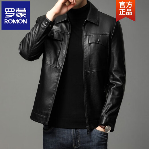 ROMON leather jacket men's spring new leather jacket men's single leather casual lapel father's imitation sheepskin jacket black L 175
