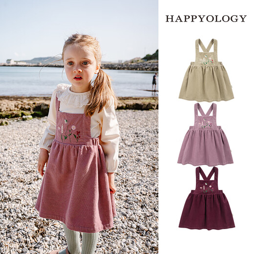 Happyology British children's autumn and winter clothing children's clothing cotton corduroy skirt girls embroidered suspender skirt