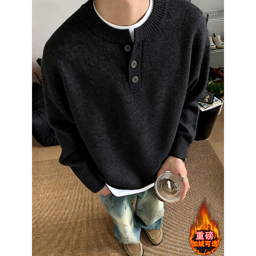 ZHUYIFAN American Retro Henley Collar Sweater Lazy Feeling Men's Right Shoulder Sweater Jacket Cleanfit Bottoming Shirt Black 5XL