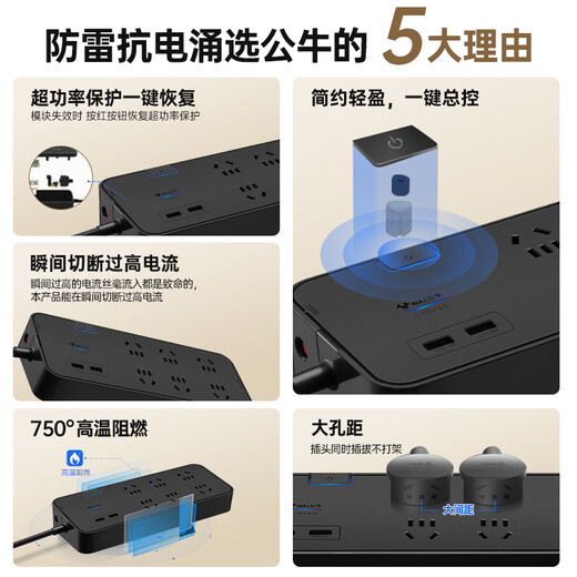 Bull wall-climbing wall-mounted lightning-proof anti-surge socket wall fixed power strip usb fast charging power strip holder anti-surge with switch drag strip anti-surge + overload protection + free holder 6 sockets master control switch 1.8 meters