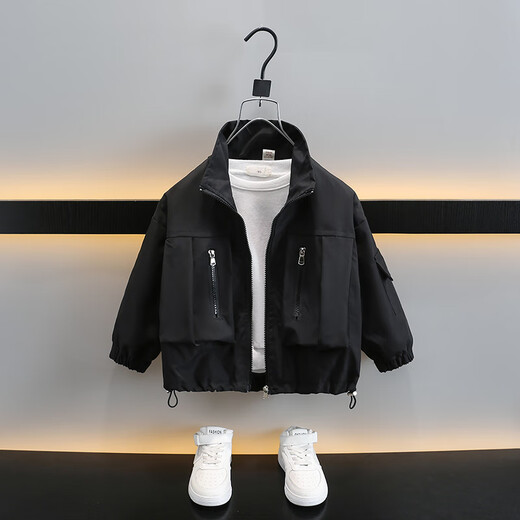 男童外套秋装2025新款春秋痞帅男孩立领上衣大儿童秋季连帽夹克潮 黑色 cm 90