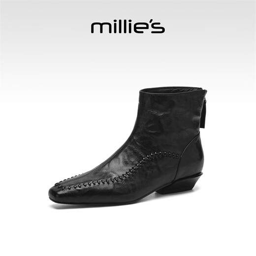 Millies Genuine Leather Sheepskin Ankle Boots Women's Chelsea Slim Boots Plus Velvet Short Boots Women's Square Toe Thick Heel Women's Boots Black 37