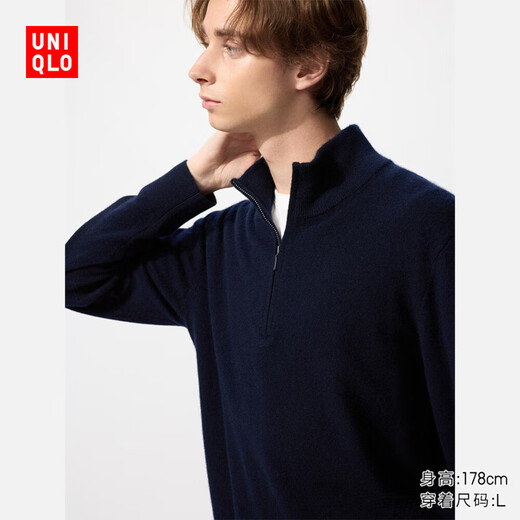 UNIQLO Men's and Women's Cashmere Half-Zip Sweater/Long-Sleeved Sweater Sweater 25 Autumn and Winter New 478545 69 Navy Blue L/175/100A