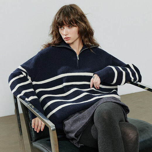 Chuyu Sweater Women's 2025 Winter New Striped Lapel Thick Warm Knitted Top Navy Blue White Striped L