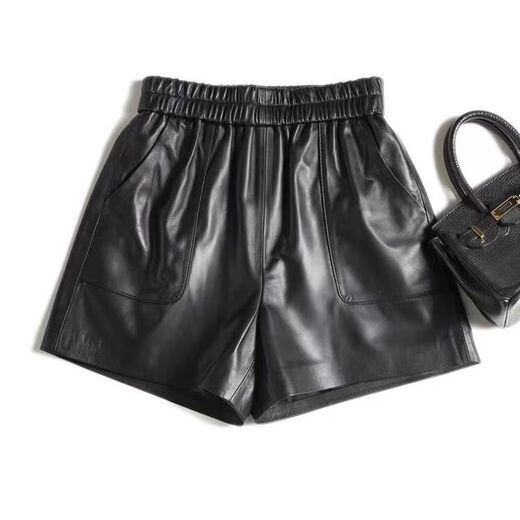 Haining Genuine Leather Shorts Women's 2025 Autumn New Casual Versatile Wide Leg Pants Sheepskin High Waist Slim Boot Pants Black XL