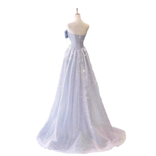 One-shoulder evening dress for women, banquet style, light luxury, niche high-end host, adult ceremony, tutu skirt dress, light blue S