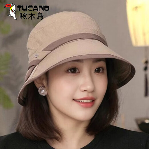 Woodpecker (TUCANO) light and quick-drying sun protection hat for women, spring and autumn 2025 new style fisherman hat, cool hat, face covering, travel sun hat, khaki, light and thin, comes with windproof rope, one size fits all (55-60cm)