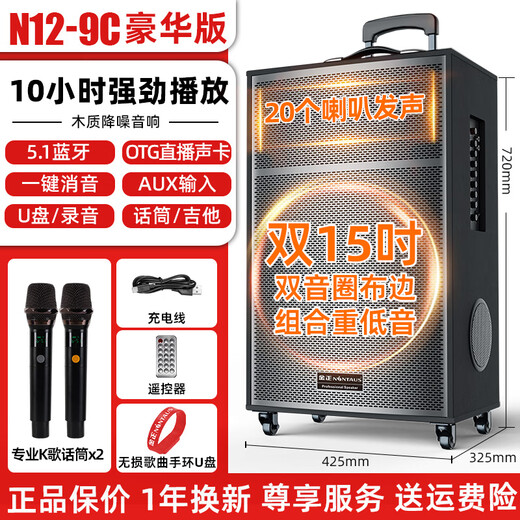 NINTAUS square dance audio subwoofer mobile outdoor karaoke rod microphone speaker amplifier microphone stall speaker N12-9 upgraded model with high power, loud sound and wider coverage 2 microphones + U disk
