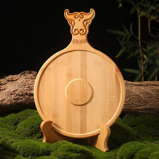 He Jiagong Commercial Hot Pot Restaurant Beef Plate Fresh-cut Diaolong Beef and Mutton Vertical Plate Standing Plate Hot Pot Plate Bamboo Wooden Tableware 26cm Beef Head Plate + Stand Set