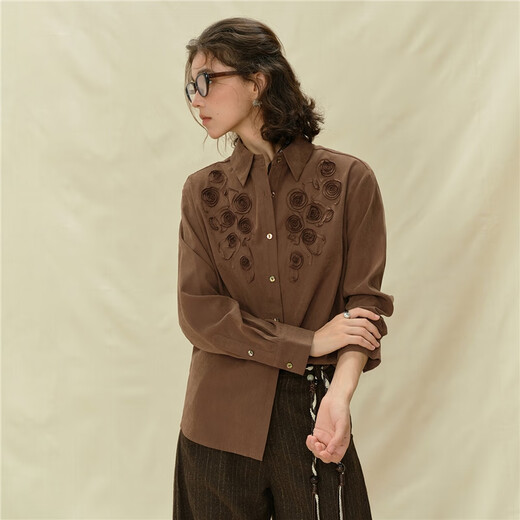 Giordano designer loose shirt autumn and winter new three-dimensional floral suede long-sleeved casual shirt 18345521 08 retro brown S