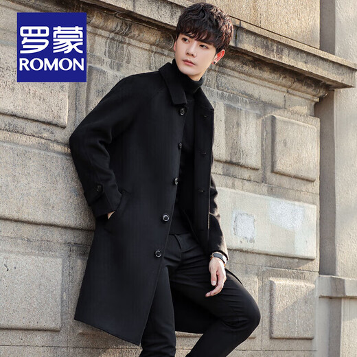 ROMON double-sided woolen mid-length woolen coat men's autumn and winter casual versatile coat young and middle-aged cold-proof warm windbreaker men black XL / weight 120-135Jin Jin is equal to about 0.5 kg