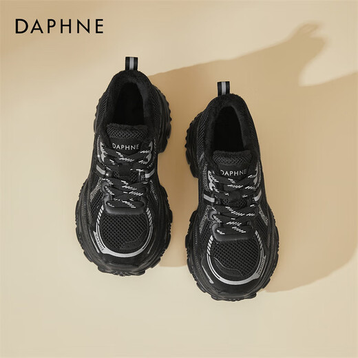 DAPHNE Daphne velvet dad shoes winter new fashion versatile casual shoes women's height increasing sneakers cotton shoes black velvet heel height 6.5cm 35 (225mm) standard size