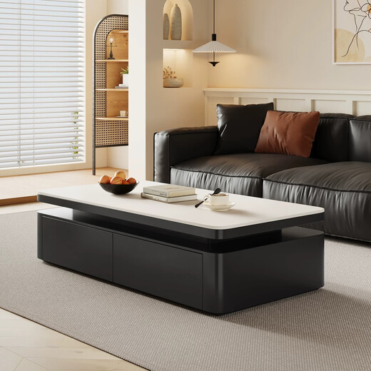 Hua Beisen slate coffee table living room household small apartment modern light luxury high-end rectangular table new high-end coffee table black cabinet 120CM snow mountain white slate