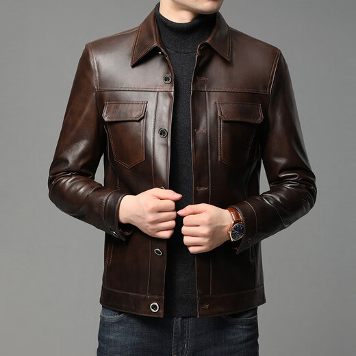 Pangdonglai Supermarket purchases Haining leather jacket for men with short lapel, slim fit, fashionable, warm and thickened, the same style, black M, suitable for 110-120 Jin Jin is equal to 0.5 kg