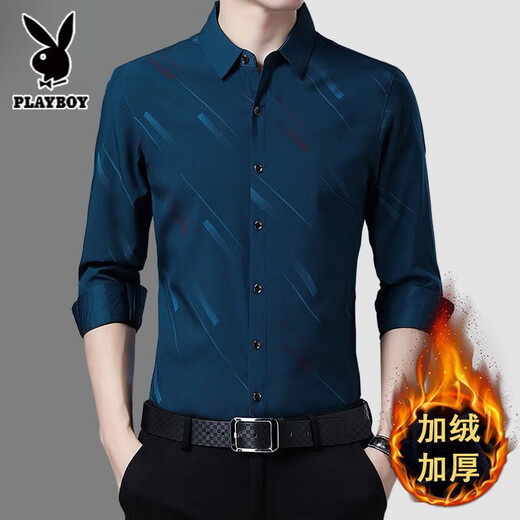 Playboy thickened velvet printed casual shirt men's long-sleeved autumn and winter business ironing-free shirt for young and middle-aged men's men's navy blue flower-170 plus velvet L 170 recommended 120-135Jin Jin equals 0.5 kg to wear