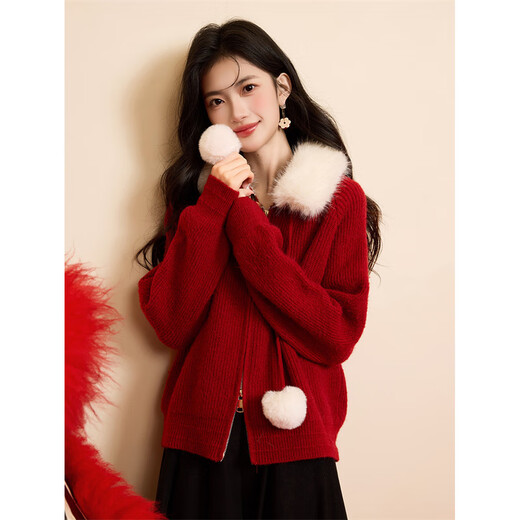 Shangjing New Year Red Knitwear Women's 25th Winter New Women's Soft Waxy Fur Collar Versatile Temperament Age-Reducing Hooded Cardigan Sweater Women