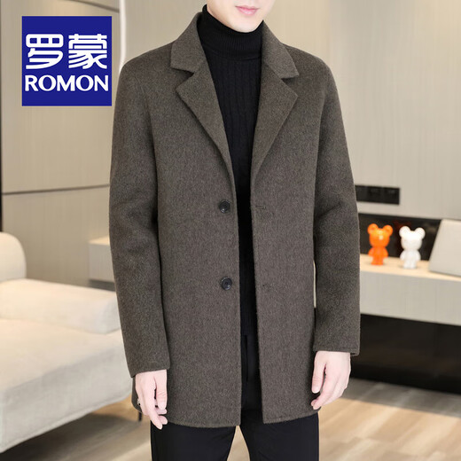 ROMON high-end sheep wool double-sided woolen coat for men autumn and winter new business casual suit collar woolen windbreaker jacket gray woolen coat (70% sheep wool) XL size (180/96A)