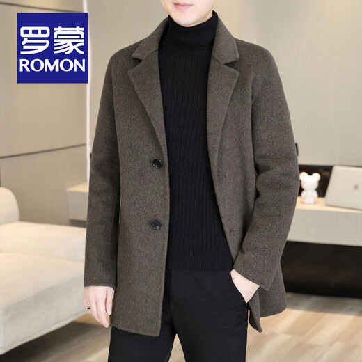 ROMON high-end sheep wool double-sided woolen coat for men autumn and winter new business casual suit collar woolen windbreaker jacket gray woolen coat (70% sheep wool) XL size (180/96A)
