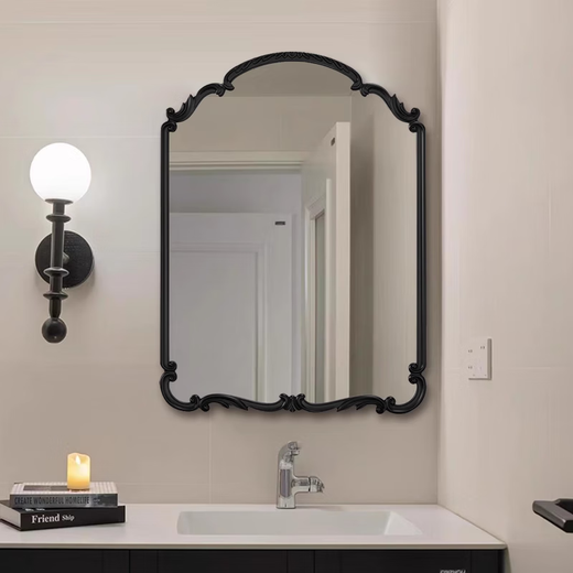 European retro art dressing mirror, bathroom wash mirror, American special-shaped entrance hall, living room, bedroom wall-mounted mirror 80*100CM gold style + LED light