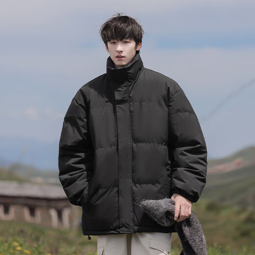 VUUG men's cotton coat American style stand collar solid color cold weather clothing versatile new trendy brand cotton coat black S