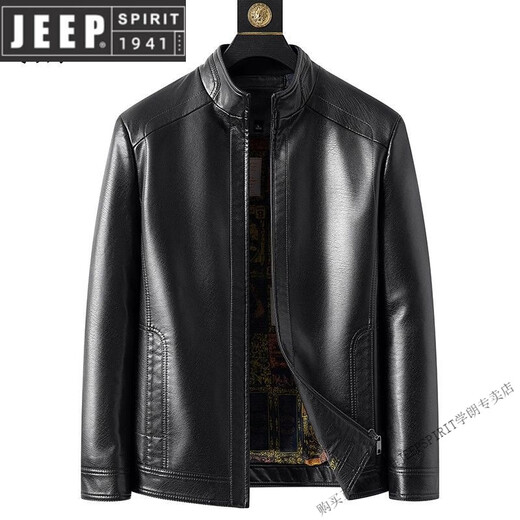 JEEP SPIRIT Autumn and Winter New Haining Leather Jacket for Men Middle-aged Dad Sheepskin Casual Large Size Leather Jacket with Velvet New Product Stand Collar Leather Jacket Black Velvet M 170