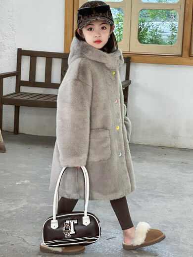 BALA is suitable for autumn and winter new children's fur coat imitation mink fur all-in-one coat for girls, middle and large children, milk tea color 110, recommended height is about 105CM