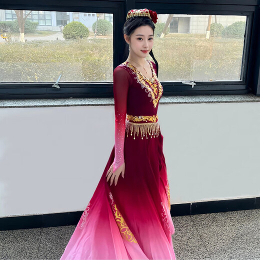 Fuyi Hao Xinjiang dance costume female Uyghur performance costume new ethnic minority large swing skirt practice art test Uighur burgundy gradient large swing skirt + girdle, free hat + small red flower M