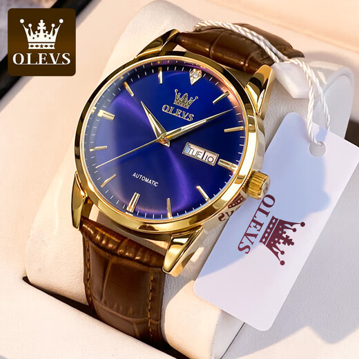 Olevs Swiss Certified Brand Watch Men's Mechanical Watch entièrement automatique Automatique Imperpose haut de gamme HEATS MENSE CADEAU chinois de la Saint-Valentin pour le petit ami Amélioration de la version améliorée-6629 Brown Leather Full Gold Blue Face Men