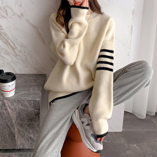 TonLion 2025 Autumn and Winter Simple Wind Sleeve Striped Design Women’s Round Neck Pullover Sweater