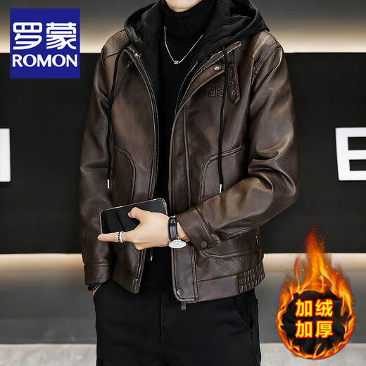罗蒙（ROMON）假两件皮衣男2025新款冬季加绒加厚可脱卸帽PU皮夹克保暖防风外套 黑色【加绒款】 L 85-105斤左右
