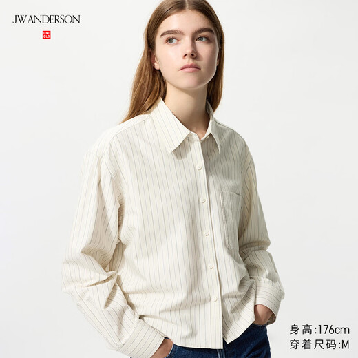 Uniqlo Women's Men's Oxford Box Stripe Shirt/Long Sleeve Collaboration 483601 31 Beige 3XL