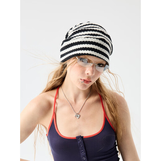 Shang Xuan black and white classic striped woolen hat for women, versatile autumn and winter warm knitted hat for couples, cold hat, Korean striped line