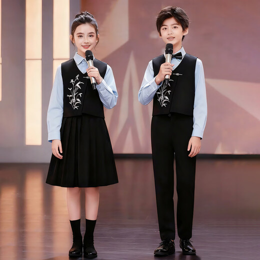 Huanshuai New Year's Day children's chorus performance costumes, primary school students' recitation and speech contest performance costumes, men's and women's Chinese style hosting ceremony, girls, long-sleeved blue shirt + vest + skirt + socks 120 cm