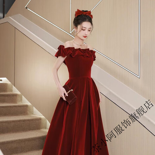 Cha Xiao'a one-shoulder engagement dress for women 2025 new toast dress bride can usually wear wedding dress back to the door banquet burgundy L