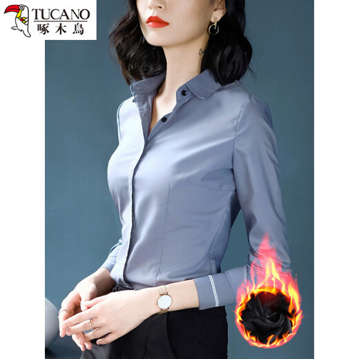 Woodpecker gray professional shirt women's long-sleeved warm winter all-in-one velvet and cotton temperament shirt plus velvet and thickened spring and autumn work clothes black topstitch decoration S