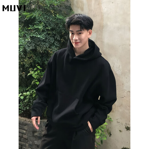 Muwei American heavyweight stiff sweatshirt for men in autumn and winter new solid color hoodie jacket warm fleece top black high quality 90% buyers choose XL recommended 125-140Jin Jin equals 0.5 kg