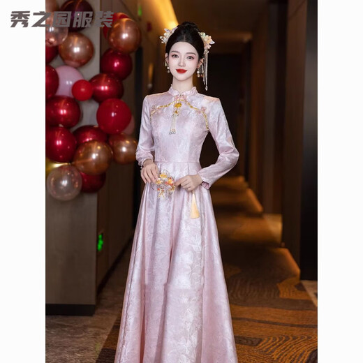 Fan Zhesha pink toast dress Chinese style improved cheongsam new wedding engagement dress long-sleeved spring and summer pink long sleeve long 3XL