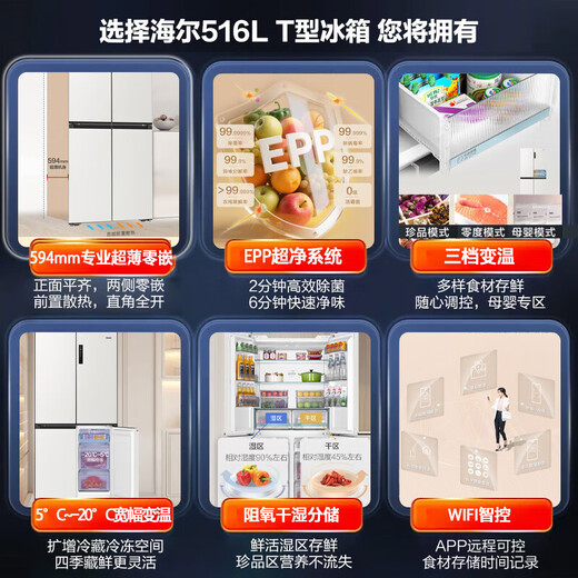 海尔（Haier）冰箱 超薄零嵌入式 十字四门一级能效双变频大容量底部散热小红花家用法式多开门 家电补贴15% 宽90.5厘米丨浅色丨 【限时只换不修】深60厘米