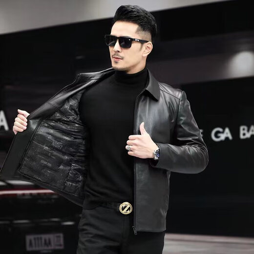 Haining Men's Leather Jacket Removable Liner Leather Jacket Men's First Layer Cowhide Lapel Machine Outer Black One Size 170L Suitable for 80-110Jin Jin is equal to 0.5 kg
